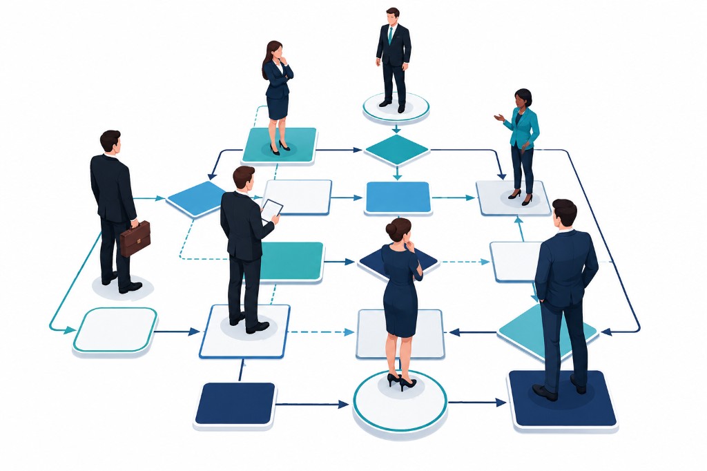 Illustration of a team coordinating hiring and technology work